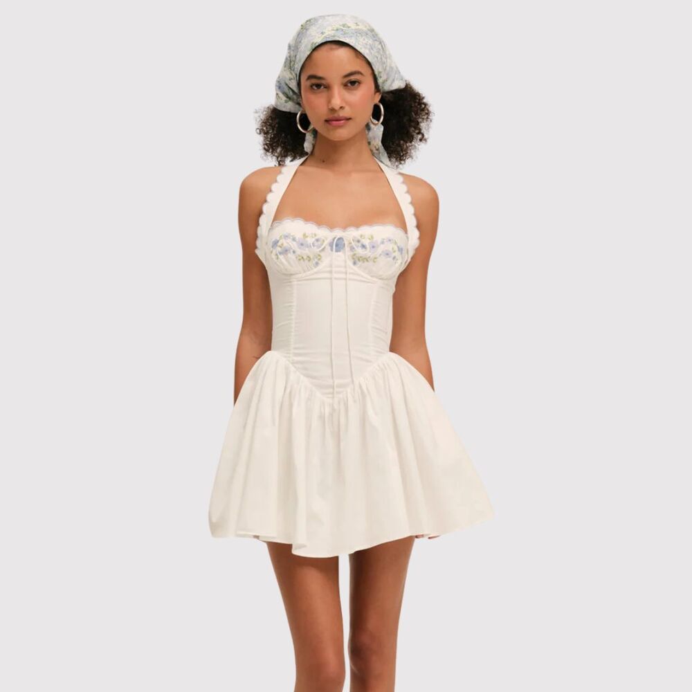 For Love & Lemons Mini Dress White Tea Time Poplin Bustier Basque Waist Medium